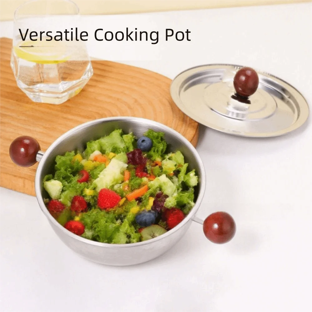 High Quality Stainless Steel Complementary Food Pot Wood Ball Handle Bowl Noodle Pot Round Silver Mixing Bowl Housework
