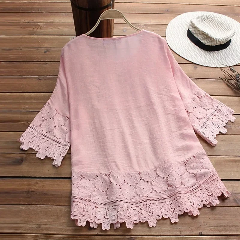 Chic Women Pullover Shirt Solid Color 3/4 Sleeves Shrink Resistant Vintage Lace Patchwork Embroidery Flower Decor Blouse