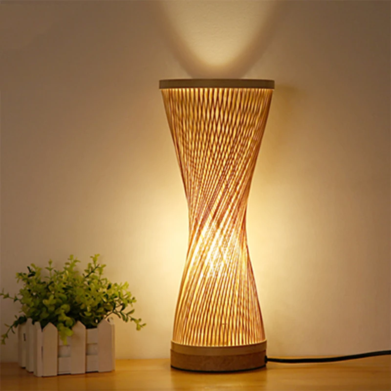 Modern Hand Knitted Weaving Bamboo Table Lamp Bedroom Bedside Lamp Wood Rattan Lampshade Room Home Decor Art Desk Light