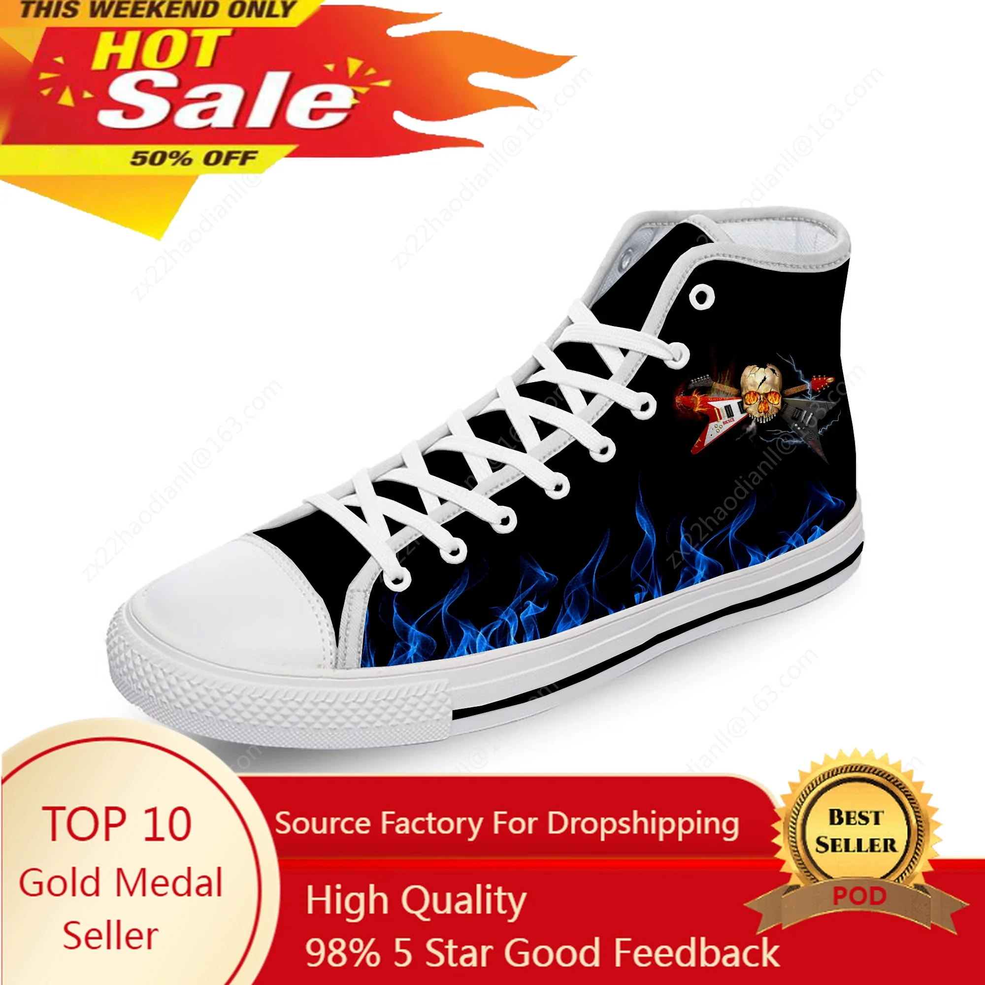 

Skull Guitar Flame Metal Rock Cool White Cloth Fashion 3D Print High Top Canvas Shoes Men Women Lightweight Breathable Sneakers