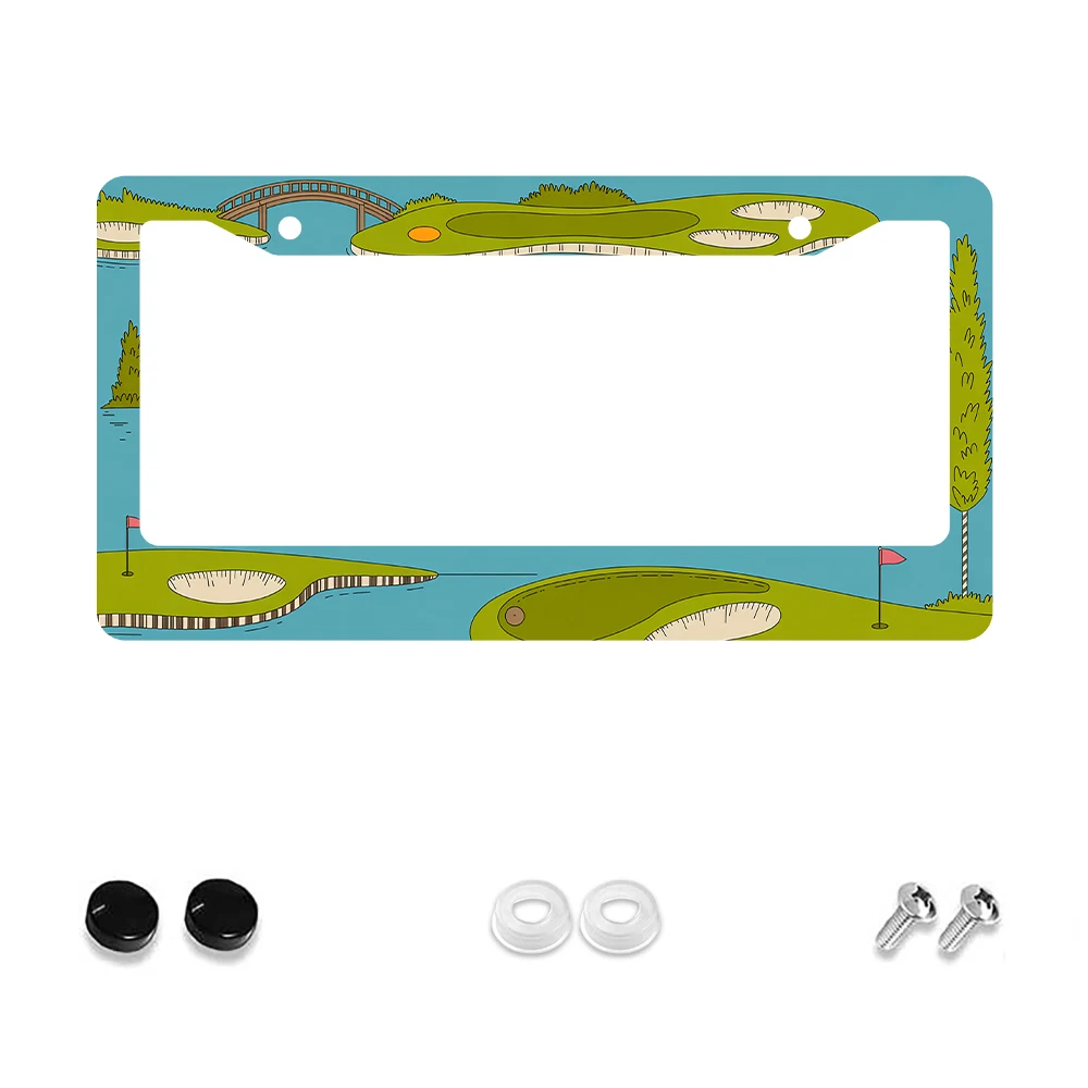 

1pc Green Golf Course Pattern 2-Hole License Plate Frame, Aluminum Material, 6x12 Inches, with Screw ,Car Decoration Gift