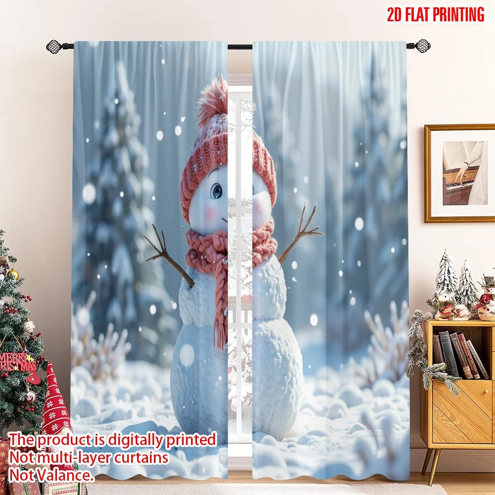 

2pcs 2D flat printing Christmas Window Curtains Happy Snowman Winter Scene Polyester Without Electricity Party Decorations for