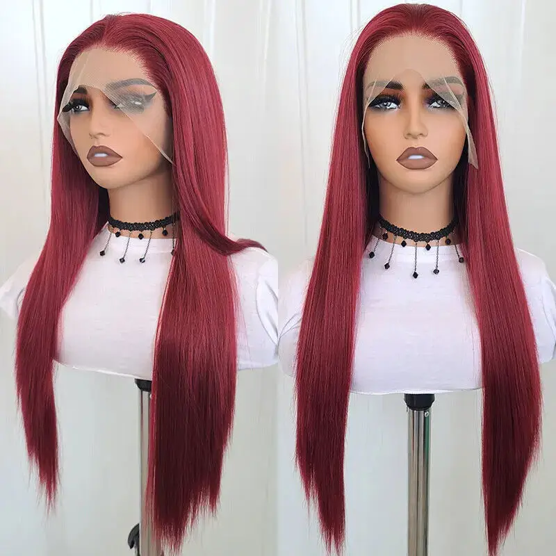 HD T Lace Front Wig Synthetic Hair Heat Resistant Wine Bug Red Silky Straight Wigs