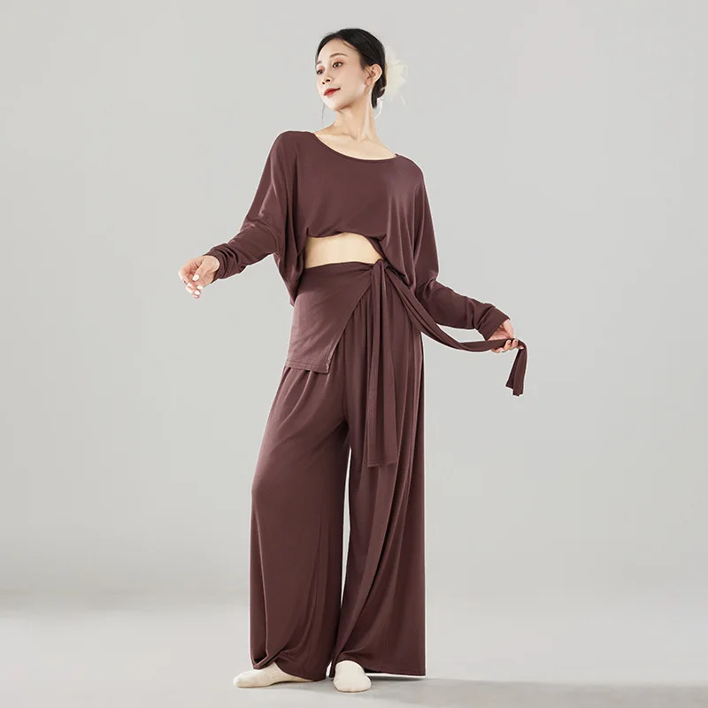 

Женский комплект из 3 предметов для современного танца, классическая танцевальная футболка, широкие брюки и накидка, тренировочный костюм для взрослых, женская одежда, комплект для йоги