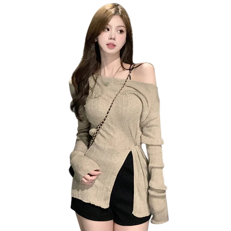 New One Shoulder Knit Slim Fit Irregular T Shirt Korean Y2K Crop Tops Ruched Long Sleeve Tees Shirt