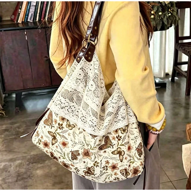 Mori Girl Ditsy-Blumenmuster-Schultertasche mit Spitzenbesatz und Patchwork-Design, Damen-Handtasche im Colorblock-Stil, leichte Vintage-Bohemian-Chic-Tasche – Detail 12