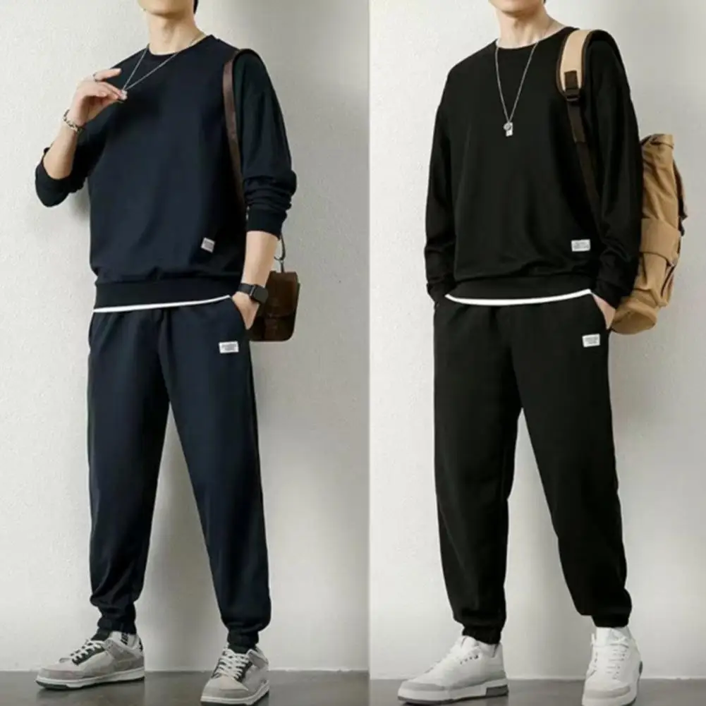 Sweatshirt Set Men's Waffle Texture Athleisure Suit with Long Sleeve Pullover Tops Elastic Drawstring Waist for Active