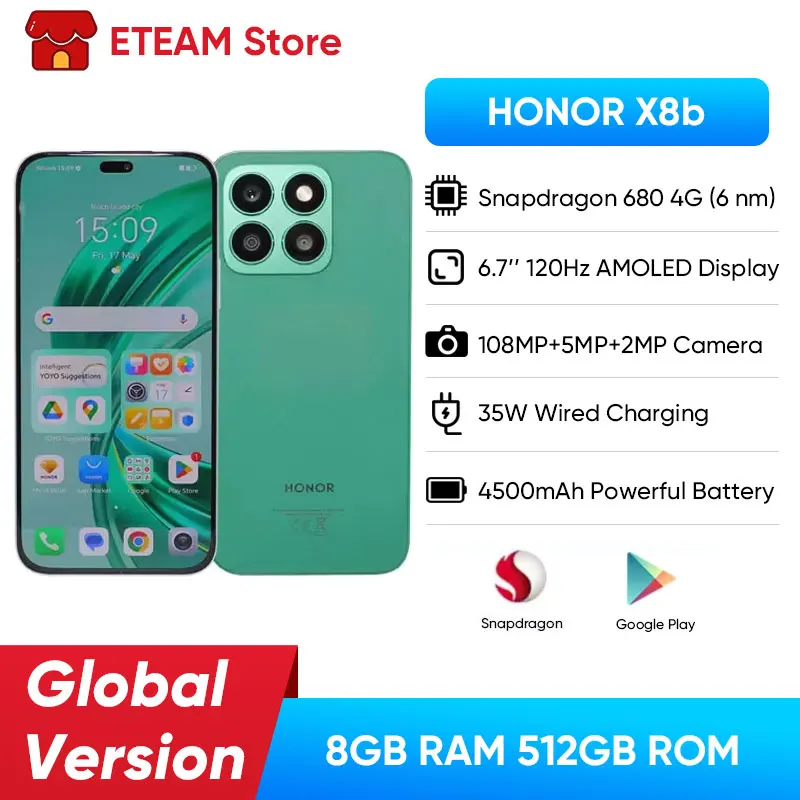 HONOR X8b Smartphone Snapdragon 680 8GB RAM 512GB ROM 6.7 inches 90Hz Refresh Rate Display 4500mAh Battery 108MP Camera x 8b 8