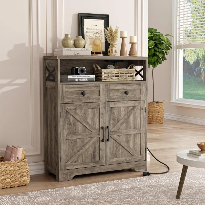 

31.5" Rustic Grey Farmhouse Storage Cabinet with Barn Doors and Drawers, Sideboard Buffet Cabinet with Storage, Kitchen Pantry