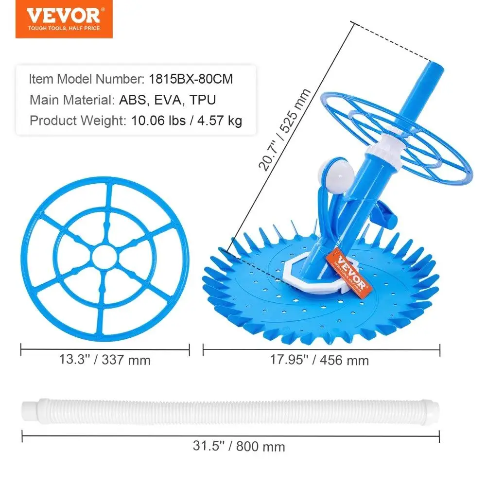 Automatic Suction Pool Cleaner - Quiet Vacuum with Extra Diaphragm, 10x32in Hoses & 36-Fin Disc for & In-Ground Pools