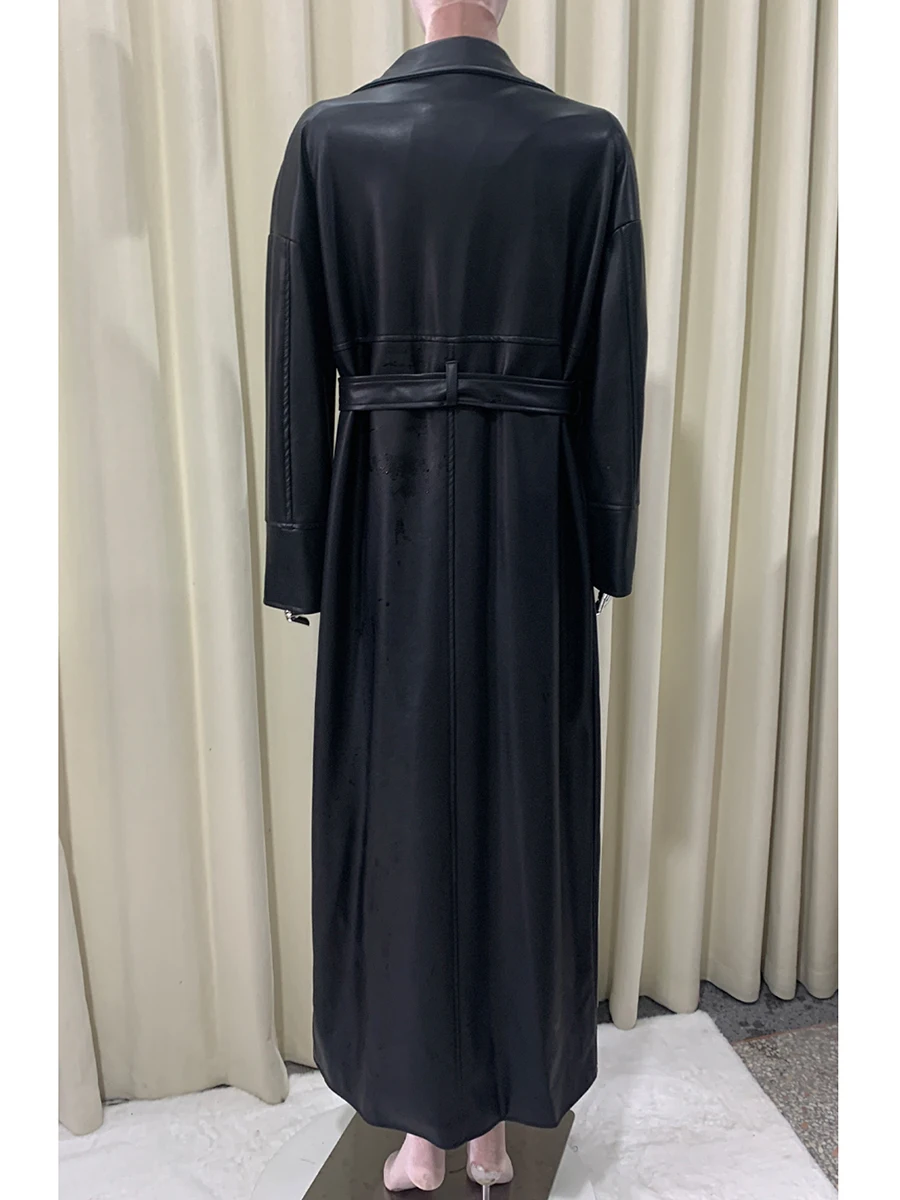 ربيع الخريف اضافية طويلة أسود لينة فلوي بولي معطف معطف جلد المرأة SashesLoose ملابس عصرية كورية غير رسمية معطف ماكسي 2025 #5