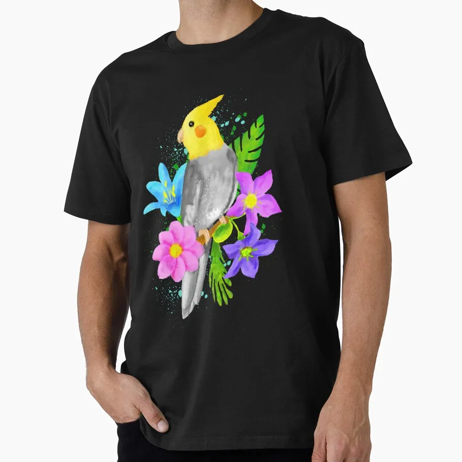 Watercolor Cockatiel Painting Funny Parrot Gift T-shirt for Birds Lover Short Sleeve Graphic Clothes All Size Tops Unisex Tee