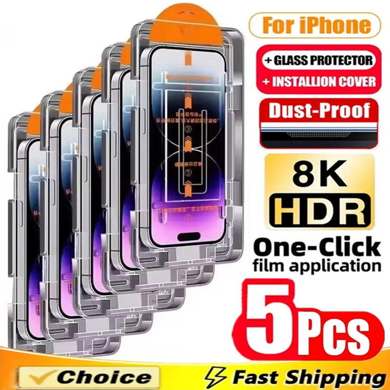 5Pcs Oleophobic Coating Dust Free Easy Installation Screen Protector For iPhone 16 14 15 11 12 13 17 Pro Max XR X XS 7 8 16 Plus