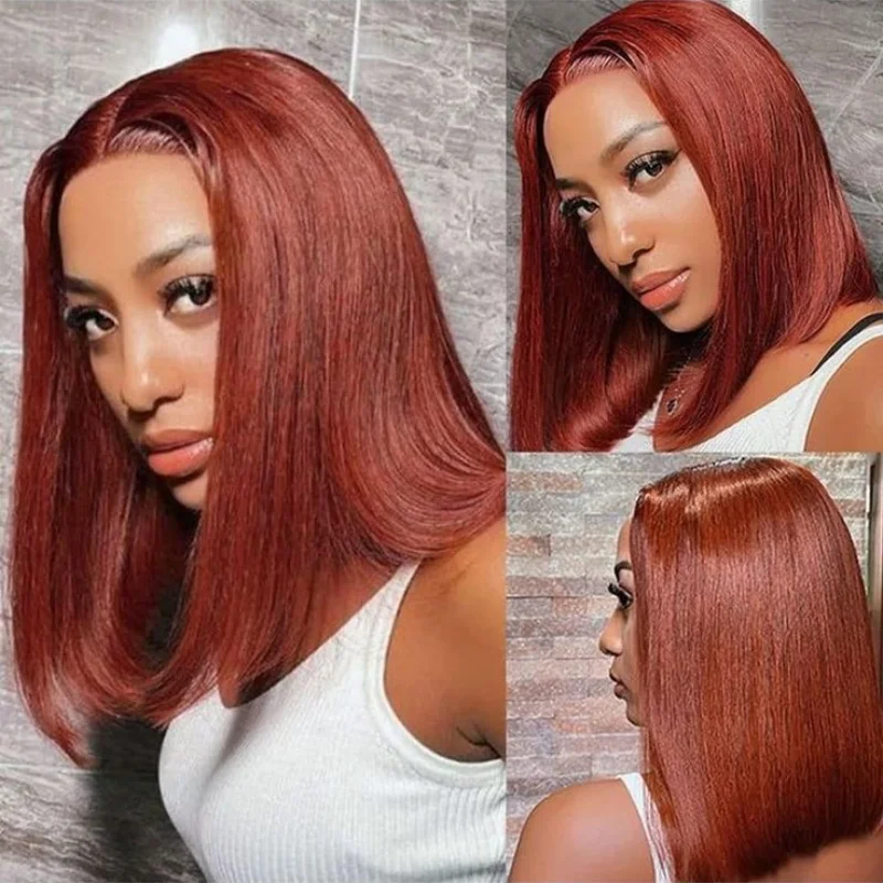 

Reddish Brown 100% Human Hair 12 Inch Short Bob Wigs For Women 13x4 HD Lace Frontal Human Hair Wigs With Natural Hairline Daily