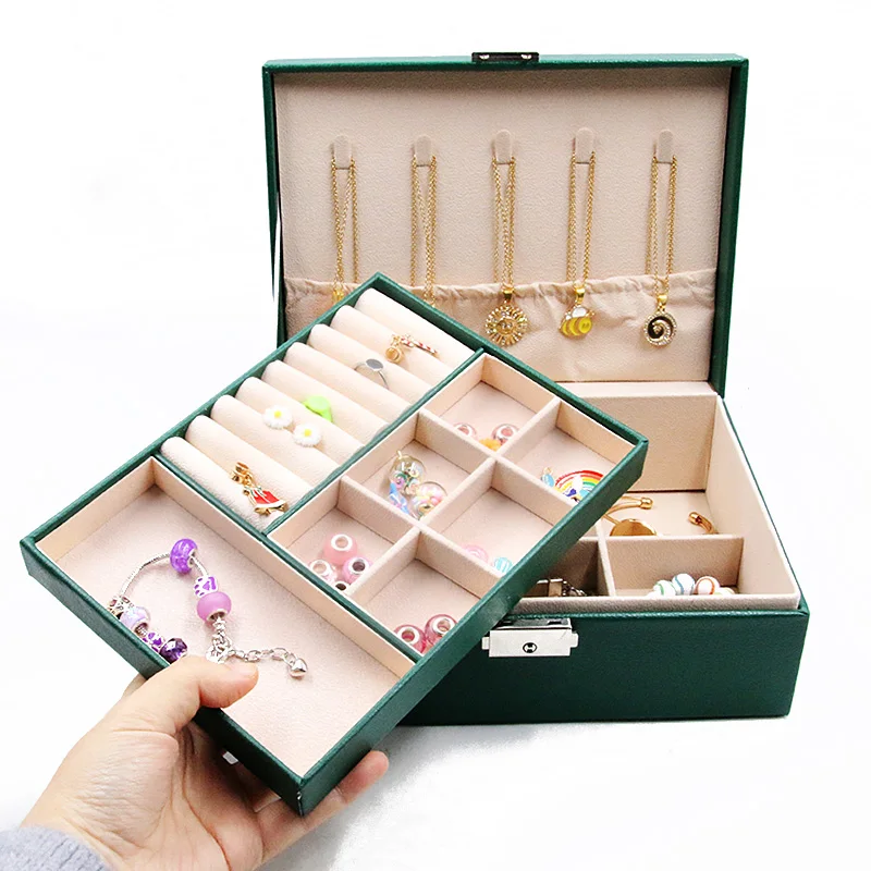 4 farbe Doppel-Schicht Tragbare Box Schmuck Veranstalter Display Reise Schmuck Fall Lagerung Boxen Taste Leder Lagerung Verpackung