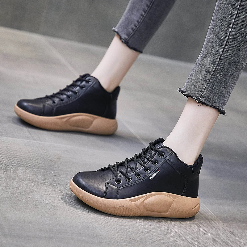 Sports Shoes with Platform for Women High Top Genuine Leather White Shoes Flat Sole Shoes Women Fashion Women Autumn Sneakers