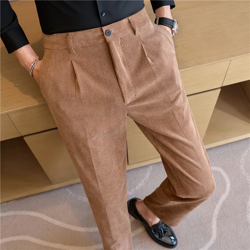 

Autumn and Winter Men's Elastic Waist Striped Woolen Thickened Pants Elastic Light Mature Corduroy Casual Pants