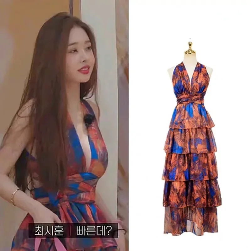 

2025 New Song Zhiya Single Is Hell Same Style Cascading Ruffles Dress Sleeveless V Neck Bodycon Summer Korean Fashion Dresses