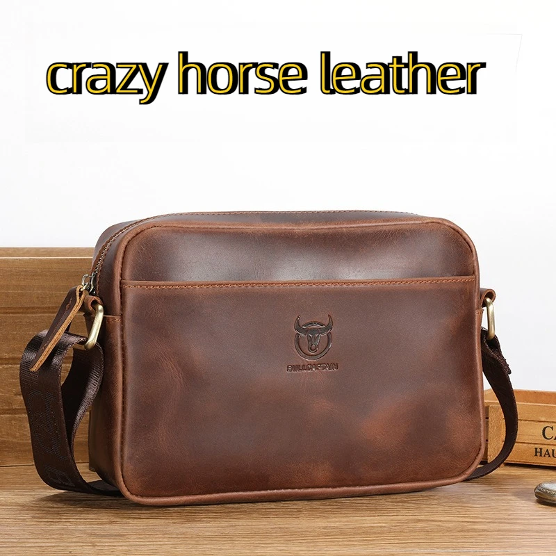 

Men's Full-Grain Crazy Horse Leather Crossbody Bag | Vintage Small Square Commuter Pack | Business Casual Shoulder Phone Bag