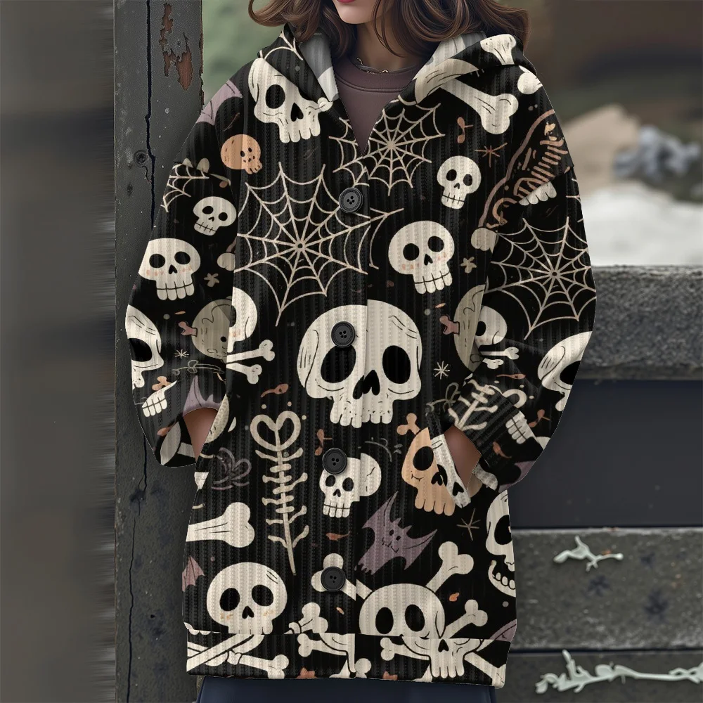 เสื้อสเวตเตอร์ลายฮาโลวีน เสื้อสเวตเตอร์ตัวยาว เสื้อผ้าลำลอง 2025 เสื้อสเวตเตอร์ลำลองผู้หญิงแบบใหม่ เสื้อสเวตเตอร์มีฮู้ดสำหรับงานเทศกาลและปาร์ตี้