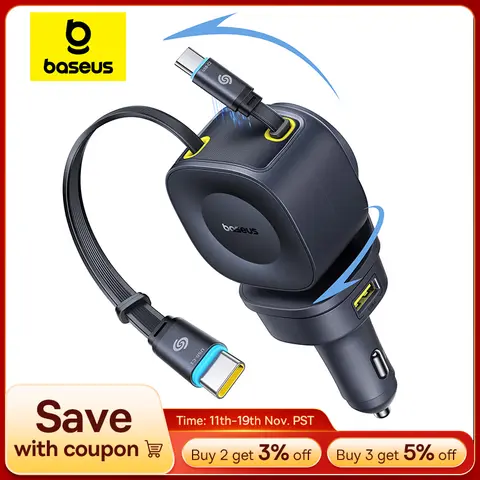Baseus Car Charger 60W 100W 30W 240W 4 ports Built in Dual Retractable Cable PD Fast Charging USB Type-C Car Phone Charger