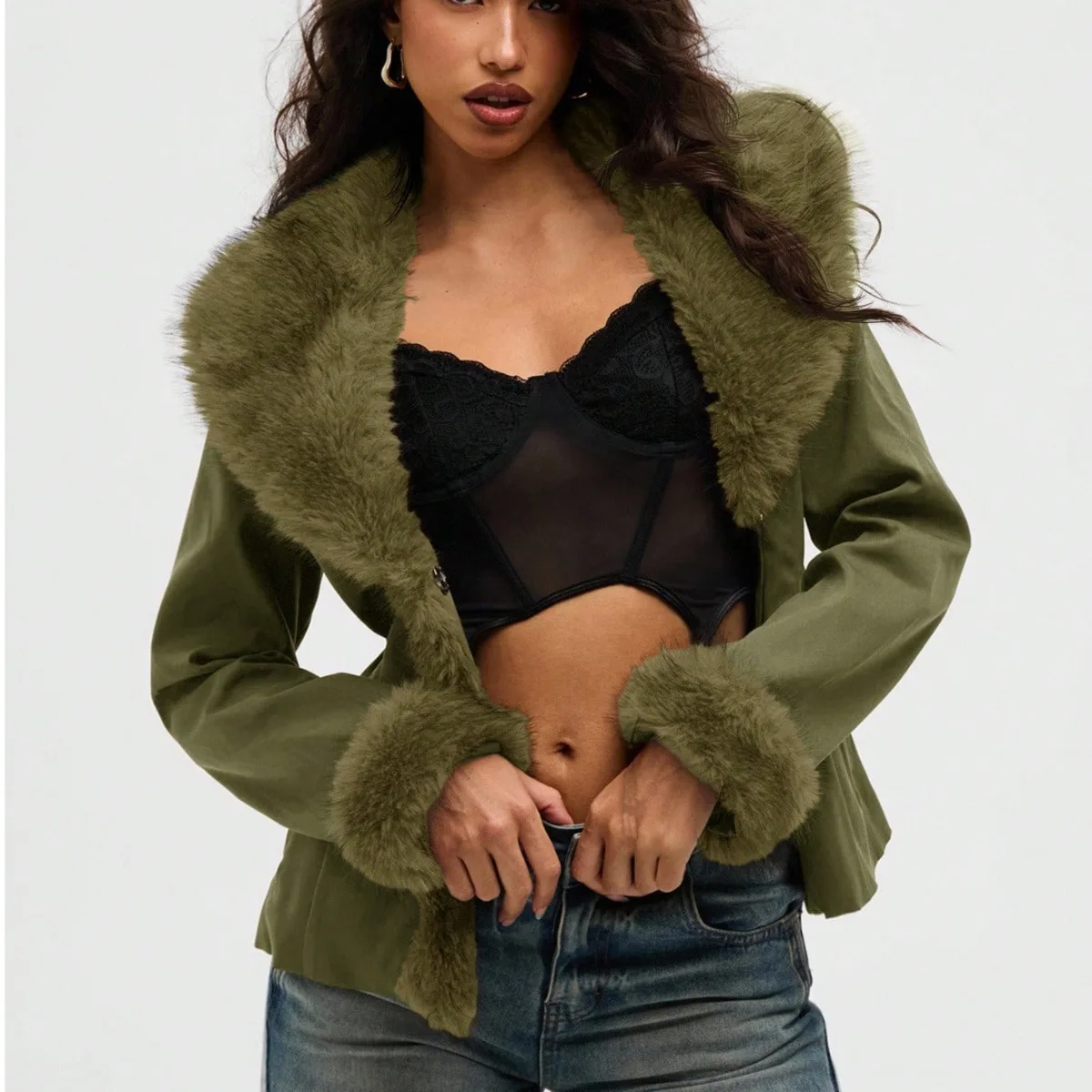 IG Women Olive Green Wide Fur Collar Cuff Trim Cinched Waist Cropped Jacket, Hidden Snap Closure, Winter Warm  Casual Outerwear