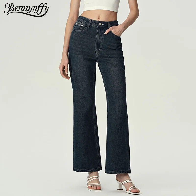 

Benuynffy, синие расклешенные джинсовые брюки в стиле ретро для женщин, модные свободные джинсы с высокой талией 2025 года, базовые повседневные потертые брюки-клеш