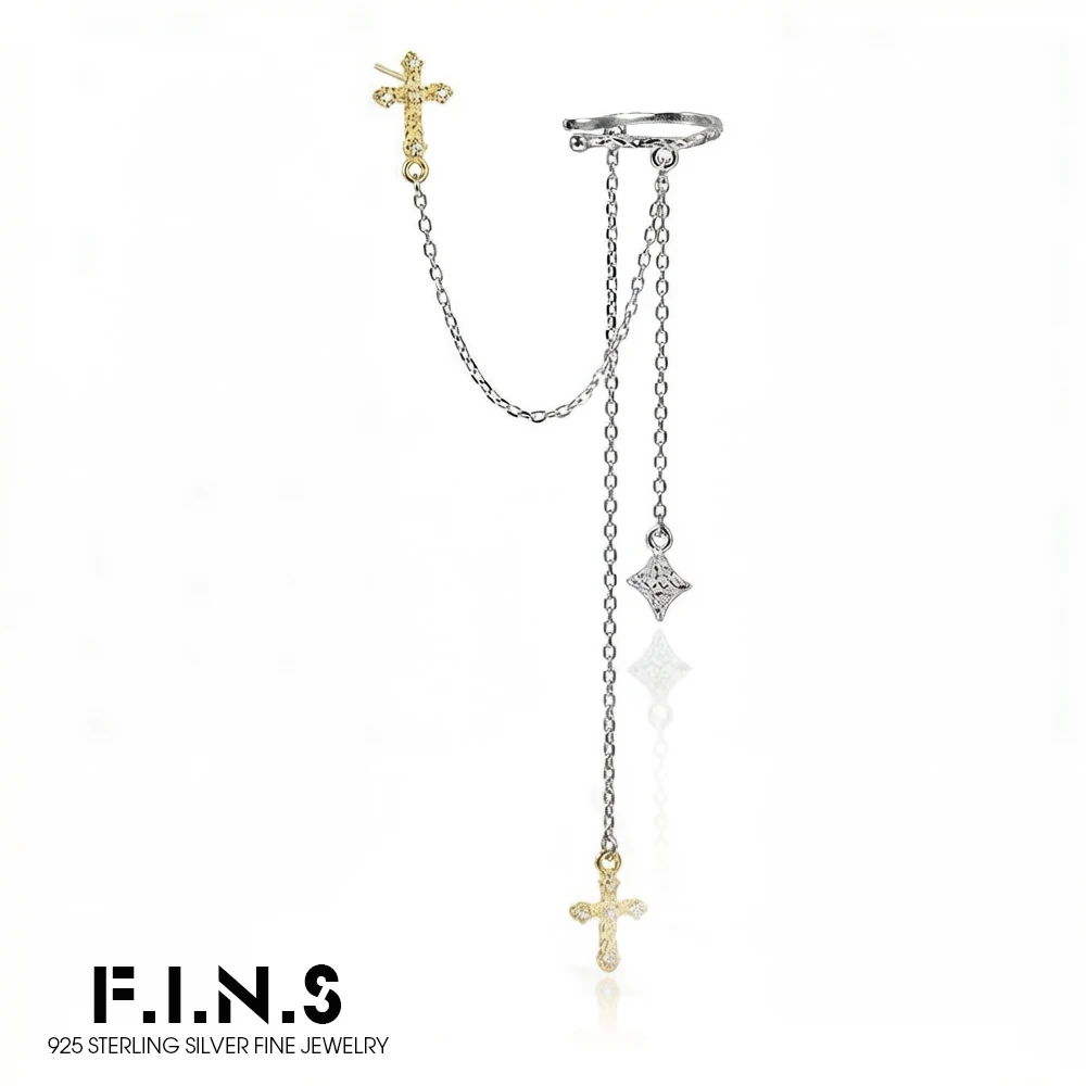 

F.I.N.S Original 925 Sterling Silver Ear Clip Cross Tassel Pendant Luxury Zircon Double Color Catilage Fine Jewelry Anti-Allergy