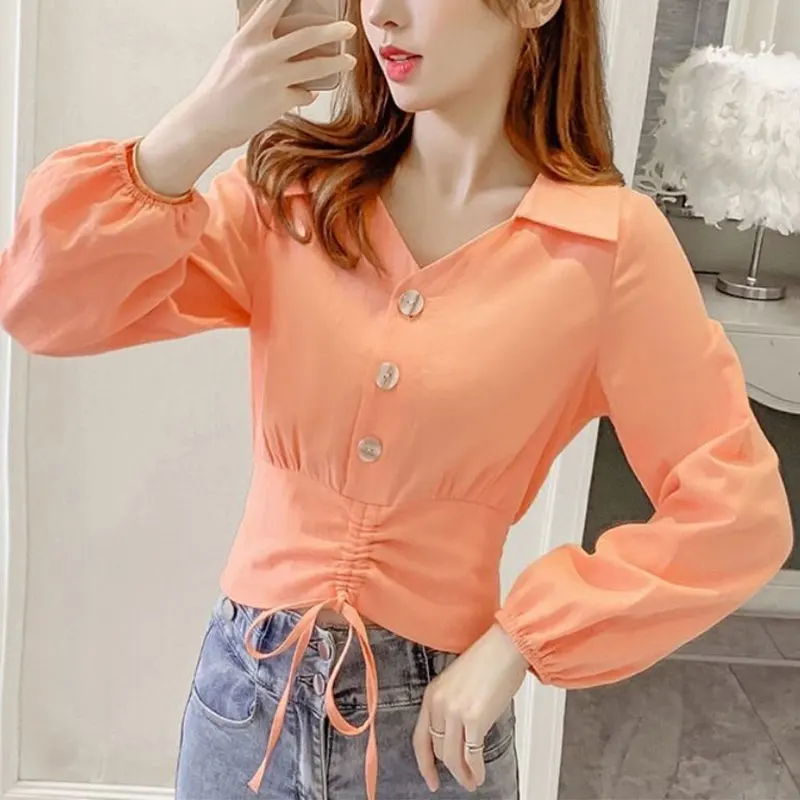 Women\'s Monochromatic Shirring Shirt, Korean Fashion, Long Sleeve, Temperament, All-Match Slim Tops, Spring Clothes, New Style