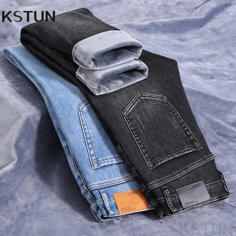 

KSTUN Men's Winter Jeans Warmer Thicken Fleece Jeans Pants Stretch Straight Business Casual Streetwear Mens Clothing Trousers