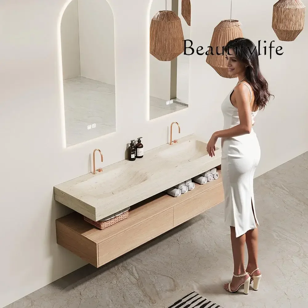 BJ Y Lauren Black Gold Marble Luxury Stone Thermoforming Double Basin Sink: Integrated Vanity Countertop & Vessel Washbasin
