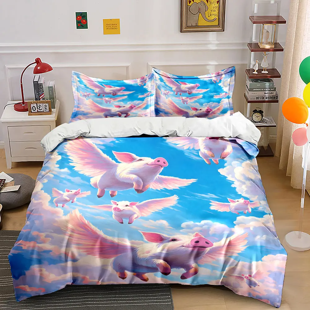 Flying pink-winged pigs Pattern Duvet Cover Set Digital Print Colorful Polyester Bedding with Zipper Closur for kids gifts