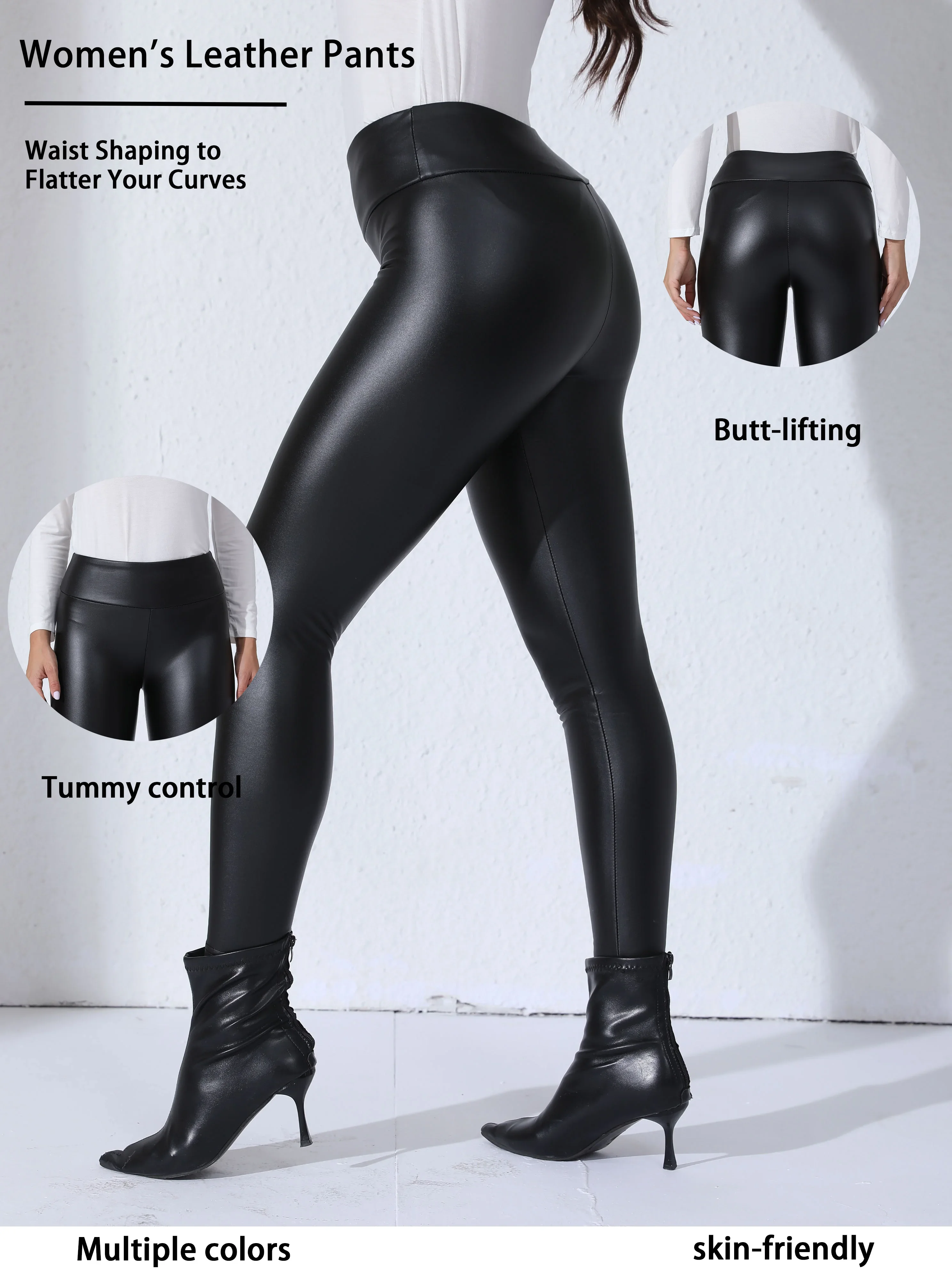 女性 PU レザーフリース裏地レギンスポケット付き弾性スリムスキニーパンツハイウエストデイリートレンディカジュアルパンツ
