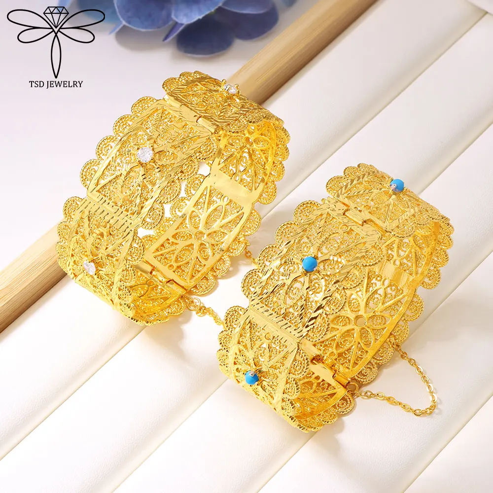 

Dubai Fashion Arabesque Bracelet 21k Gold Plated Algeria Bridal Wedding Zirconia Open Bangles Arabic Muslim Women Party Jewelry