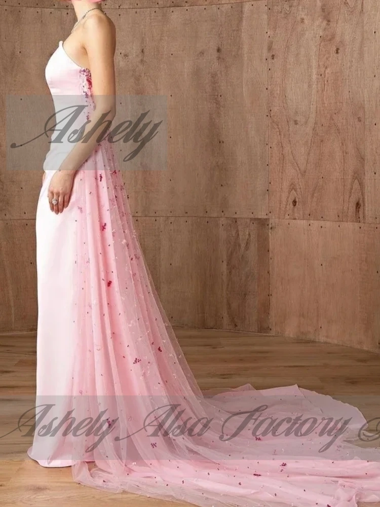 A2325 고품질 핑크 여성 이브닝 드레스 트레인 Strapless 새틴 Tulle 인어 웨딩 파티 공식 행사 맞춤형
