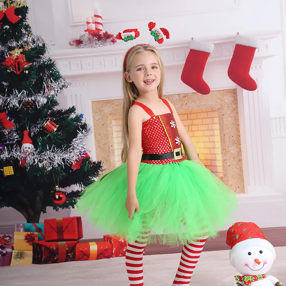 Girls Fancy Christmas Elf Costume Baby Birthday Party Stage Performance Costume Red Green Mesh Tutu Dress Kids Cosplay Costumes