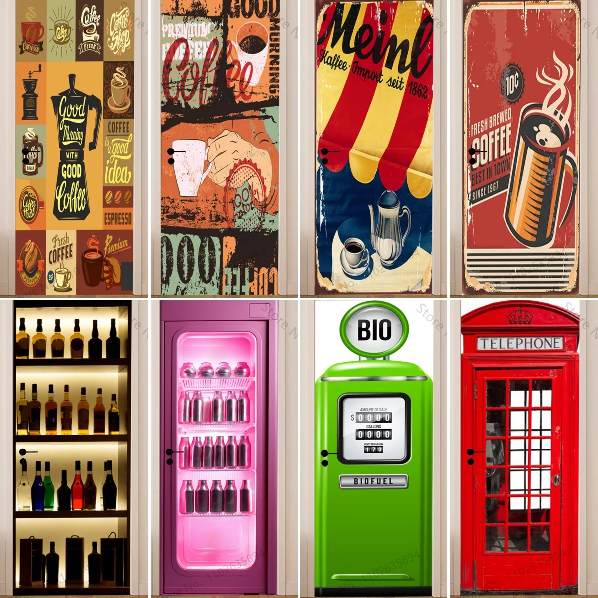 3D Retro Door Stickers PVC Poster Art Wallpaper Home Decoration Apartment Elevator Refrigerator Door Stickers