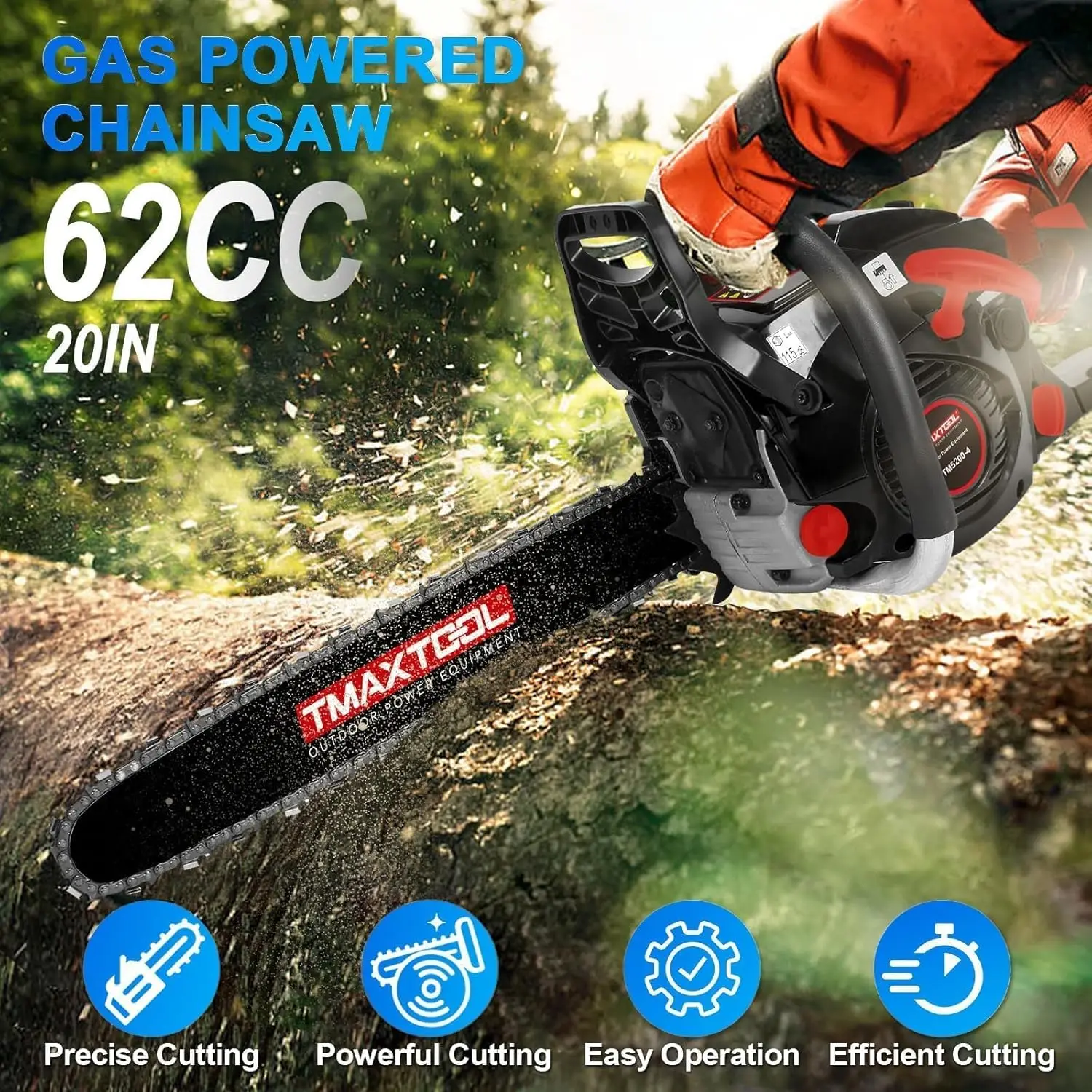 62Cc Gas Chainsaw, 20 Inch, 3.5-Hp, 2-Cycle, Gas Powered Chainsaw With Automatic Oiler, Enhanced Security, 20 Inch Chainsaw For