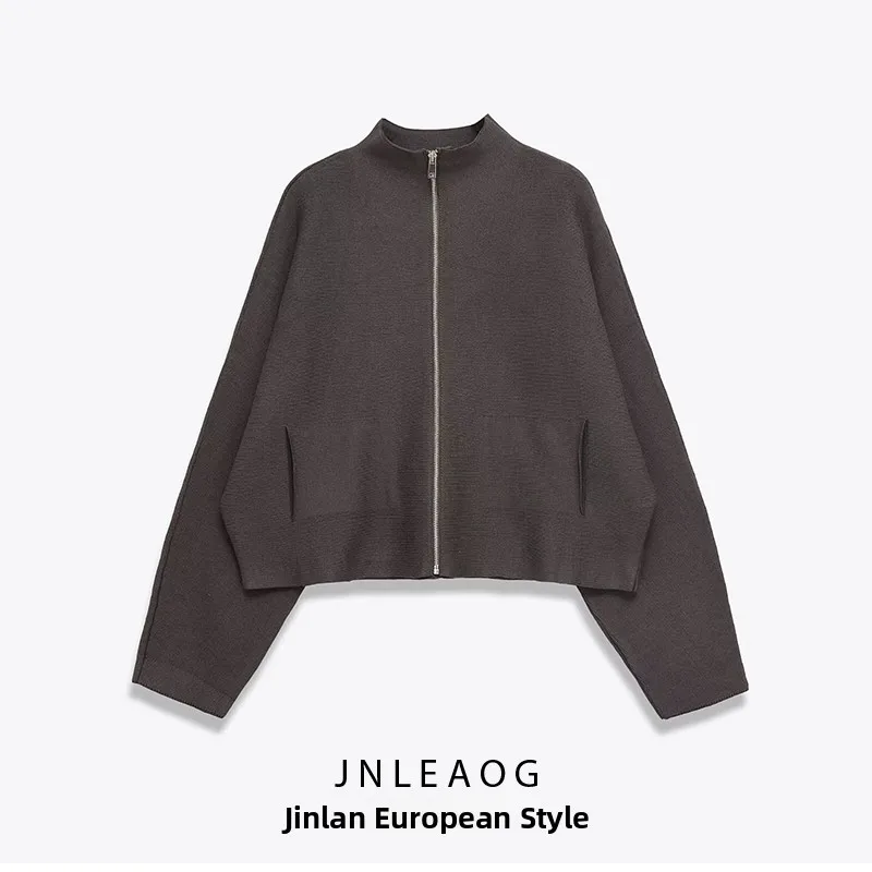 

JNLEAOG, осеннее новое женское длинное вязаное пальто на молнии с воротником-стойкой, универсальное женское пальто с воротником-стойкой