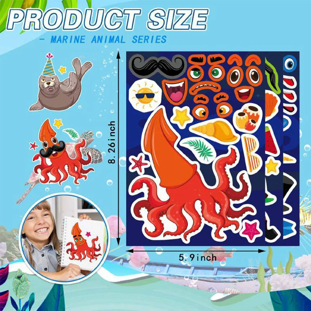 8/16Sheets Cute Marine Animal Dolphin Turtle Puzzle Make-a-Face Stickers Decal Waterproof Kids Education Assemble Jigsaw Sticker