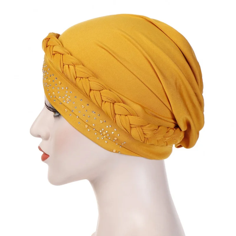 New European and American Foreign Trade Monochrome Single Hot Drilling Braid Toque Cap Milk Silk India Toque Cap