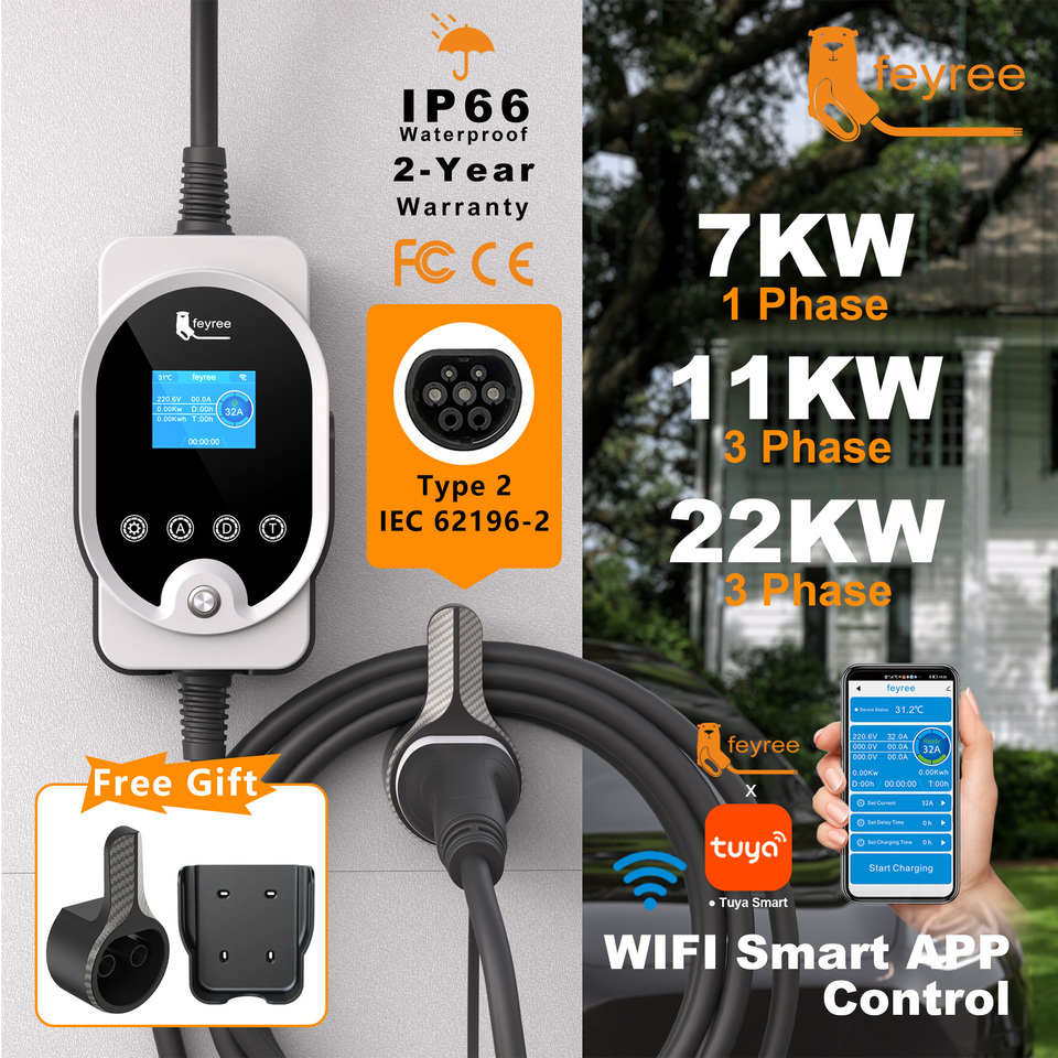  Feyree Type2 EV Charger EVSE Wallbox 22KW 11KW 3P Smart APP Wi-Fi Control 7KW 32A 1P Setting Current & Charging Time for EV Car 