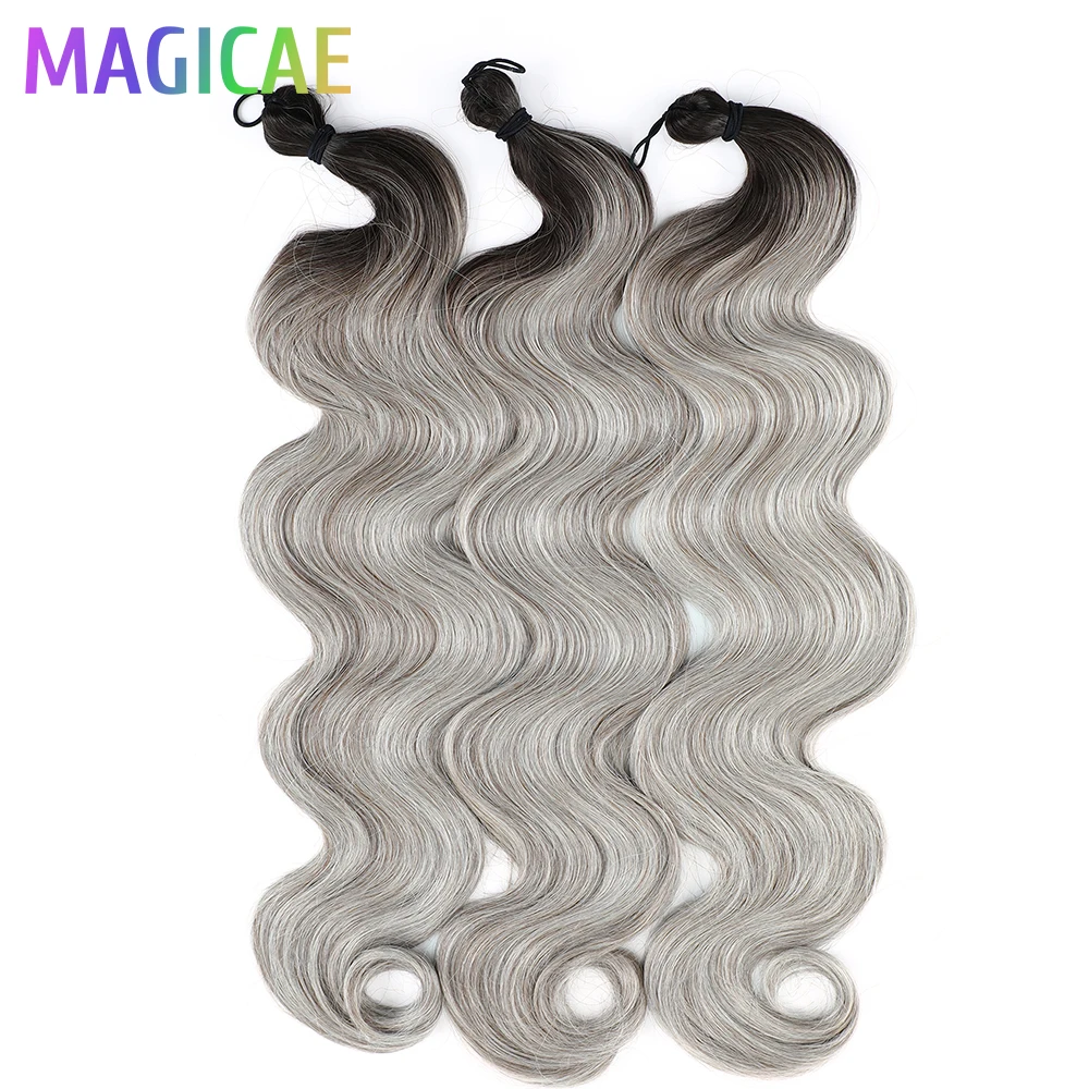 3Pcs 300G 26Inch Ombre Grey Crochet Braids Body Wave Light Ombre Brown 6# Highlight SP4/27/613 High Temperature Synthetic
