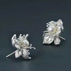Three-dimensional design new silver inlaid pearl flower women's earrings exaggerated exquisite party jewelry accessories