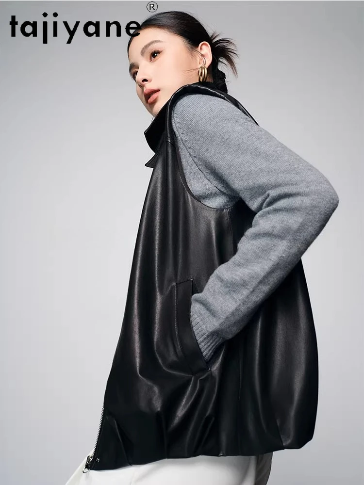 TAJIYANE 本物の羊皮ベスト女性スタイリッシュなノースリーブレザーコートショートリアルレザージャケット 2025 秋の女性服 신상아우터