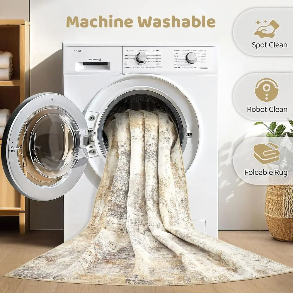 Large 8x10 Washable Abstract Neutral Rug, Stain Resistant, Non-Slip for Living Room, Bedroom, and More - Grey Gold