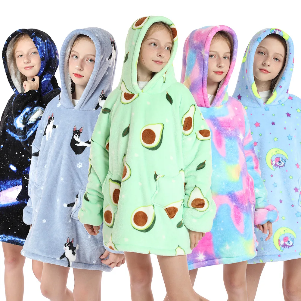Winter Plush Fleece Hoodies Girls Kids Oversized Blanket Thick Hooded Avocado Cow Panda Sweatshirts Children Super Warm Clothes