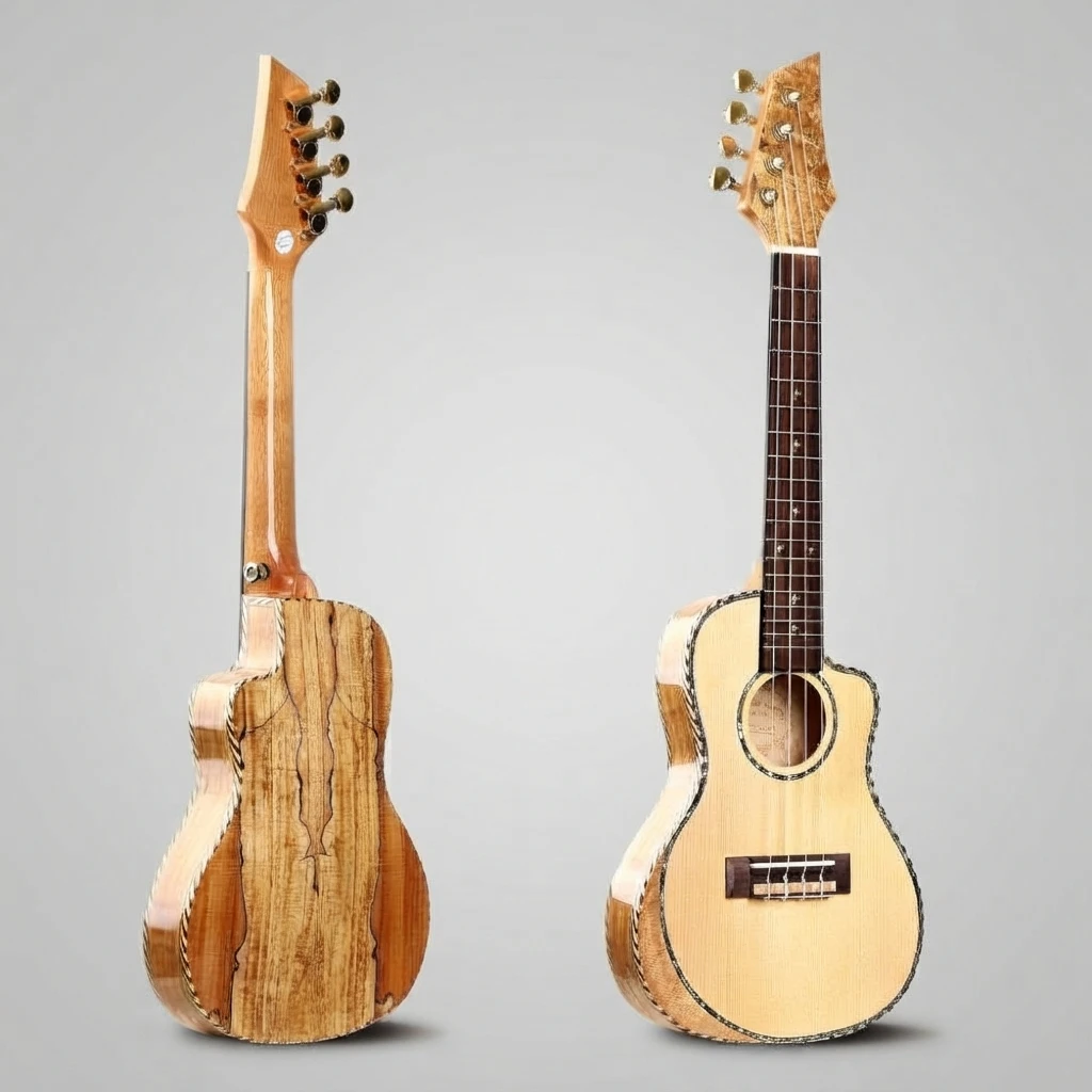 Exotic Grain Cutaway Soprano Ukulele, Natural Light Top, Gold Tuners, Abalone Rosette, Premium Binding, 4 Strings for Beginners