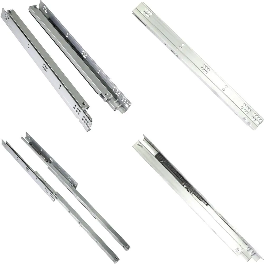 Prowadnice do szuflad z pełnym wysuwem, ciche, montowane pod blatem, do szuflad o grubości 16 mm, 3 pary prowadnic o długości 381 mm, z systemem cichego domykania, wytrzymałe.