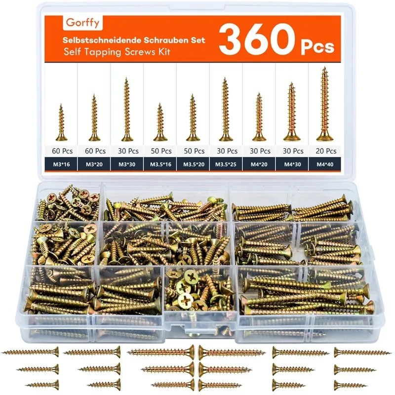 360 Pieces Set Self-Tapping Screws Countersunk Head Wood Screws for DIY Project Repair Woodworking Screw M3 M3.5 M4 Nail Screw
